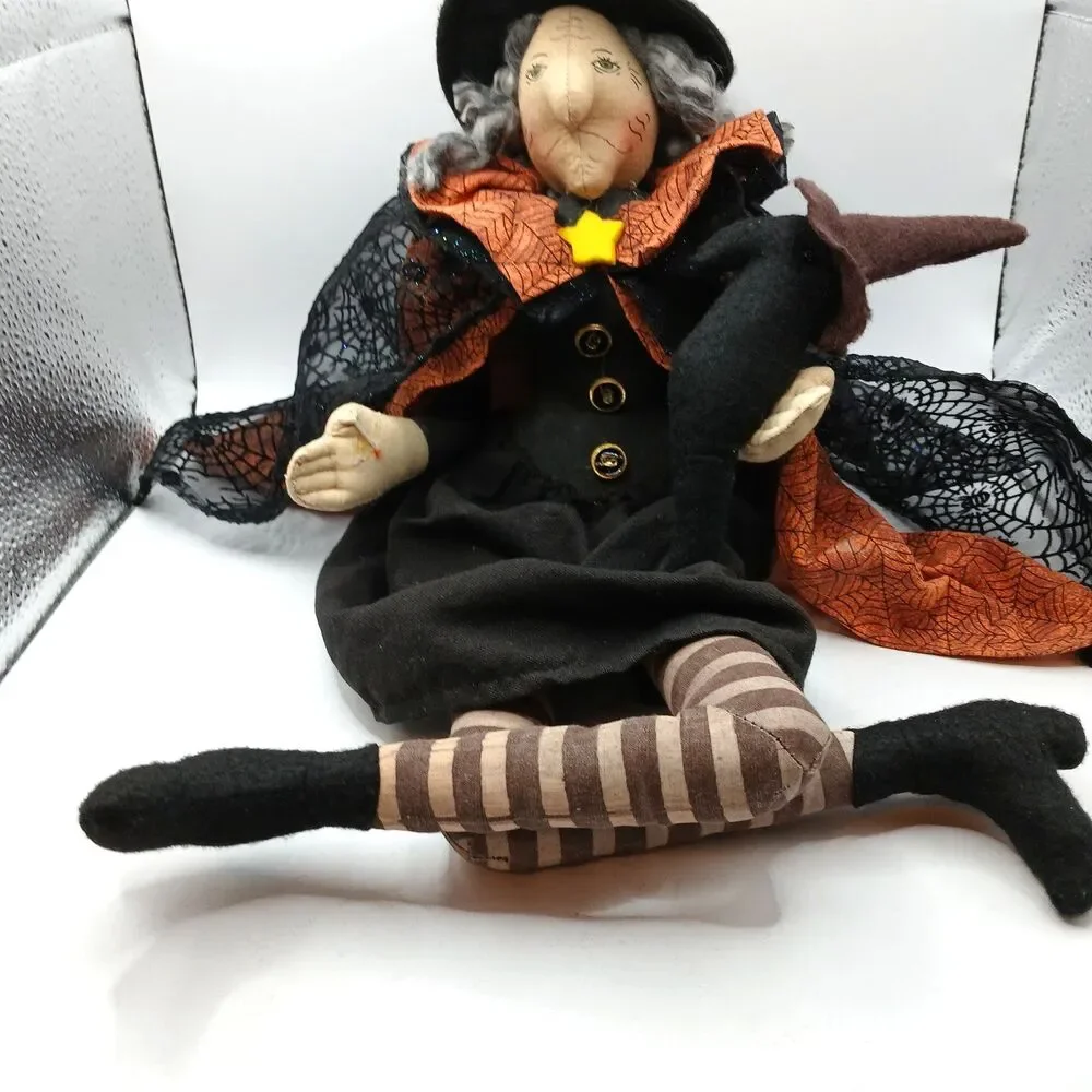Vintage Halloween Witch Doll with Pet Bird Shelf Sitter Folk Art Style 18